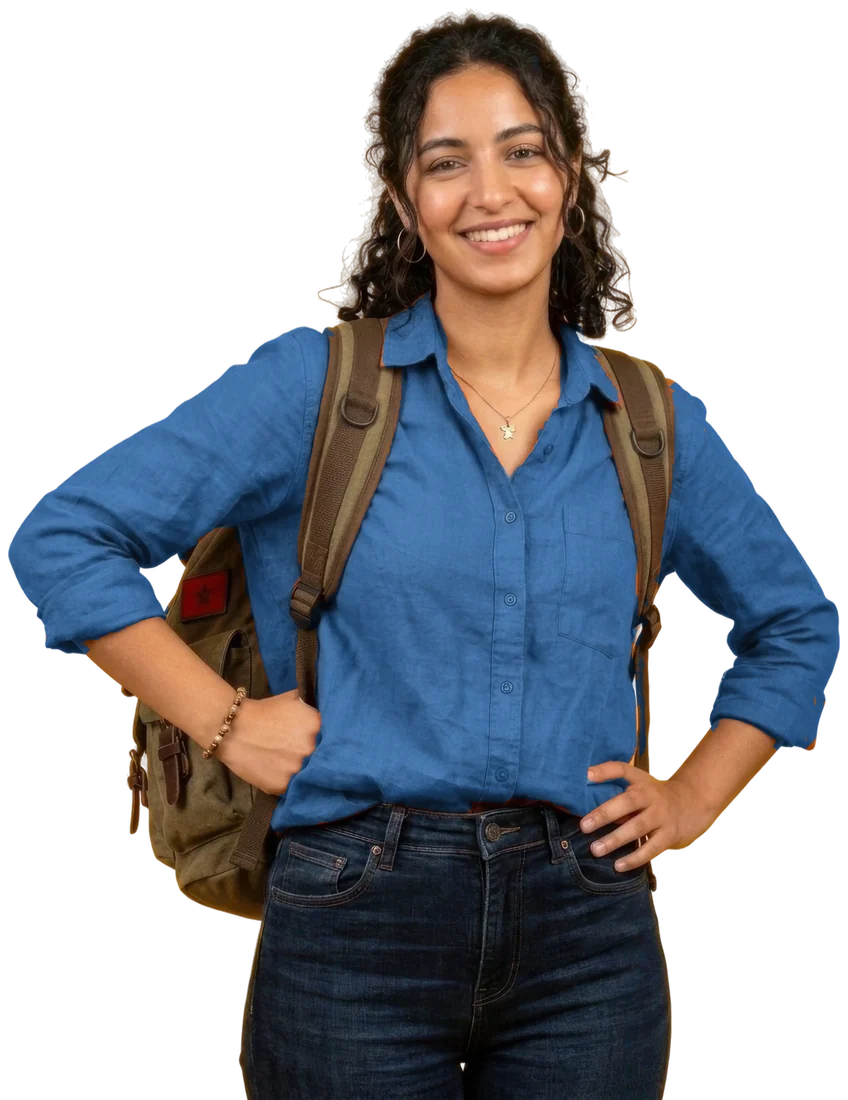 Candidata sorridente de mochila, representando os talentos que a Mappit recruta para o Summer Job Moove